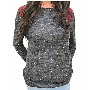 Polka dot buffalo plaid elbow sweater